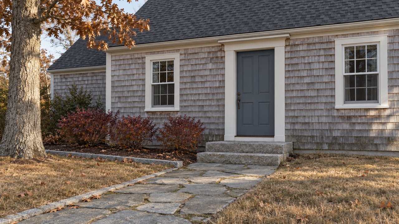 Weathered cedar-shingled home with a slate-blue door, granite steps, stone walk and autumn oak leaves.