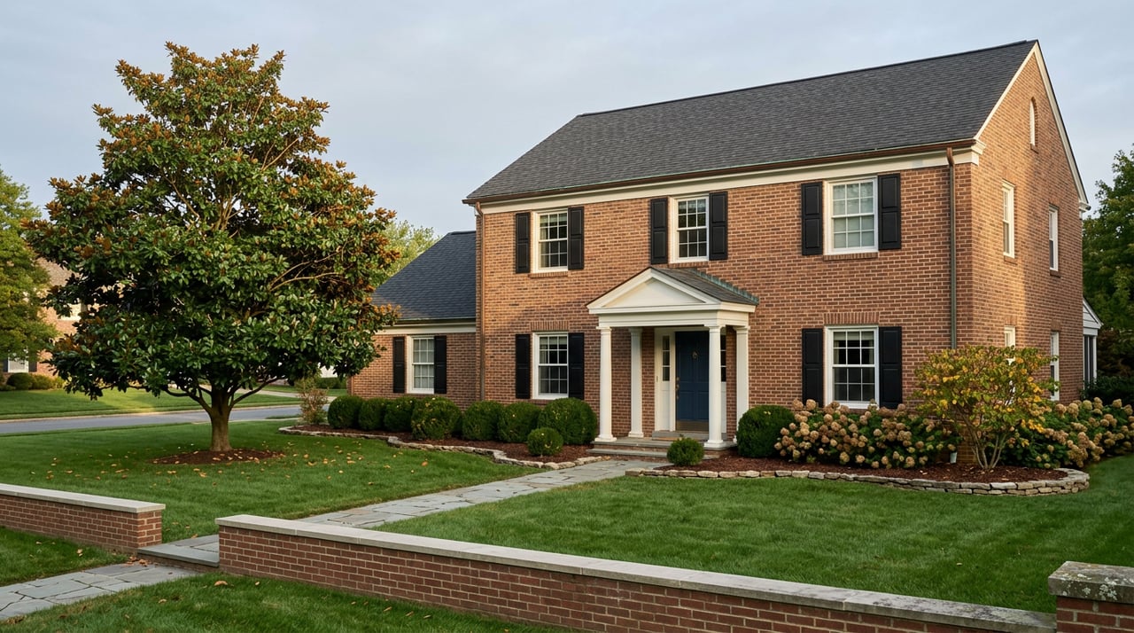 Two-story brick colonial with a white-columned portico, framed by a magnolia tree, lawn, and low brick wall.