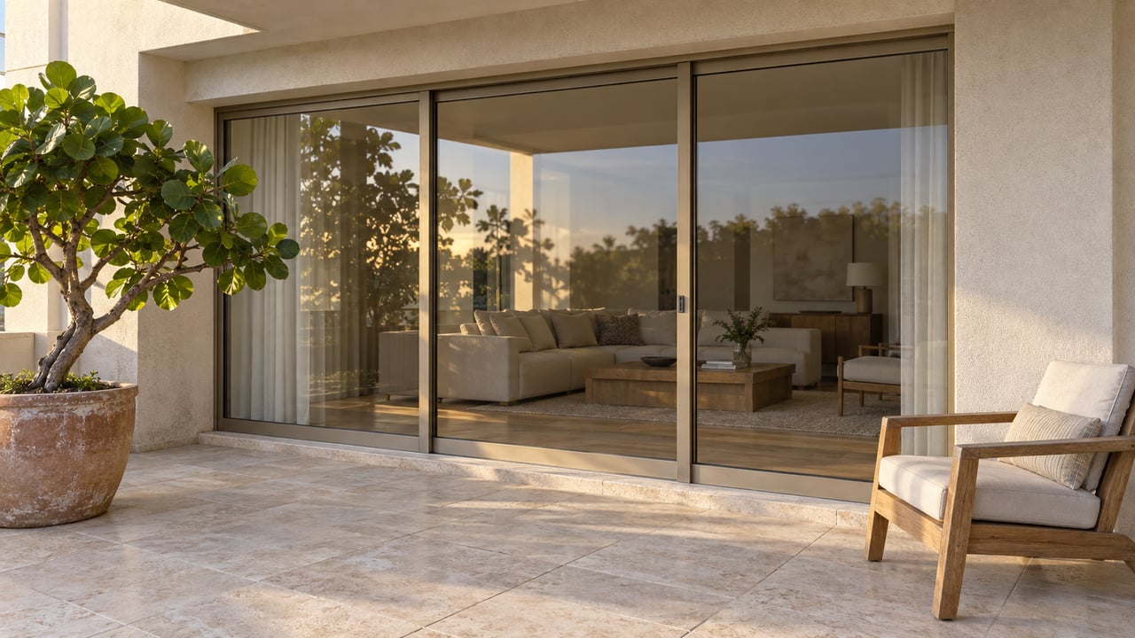 Covered condominium terrace with pale limestone paving, glass living-room doors, a teak chair and a potted sea grape tree.