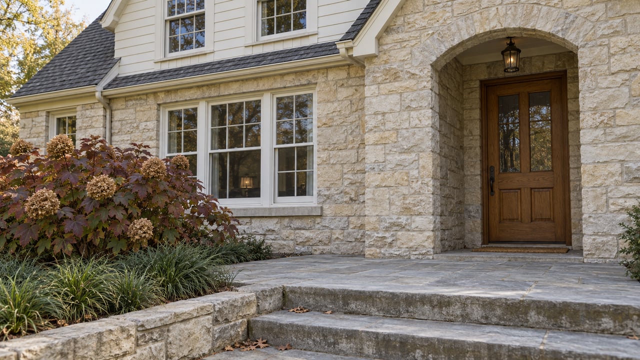 Pale limestone and cream clapboard entry wing with a recessed oak door, worn stone steps, and autumn oakleaf hydrangea.