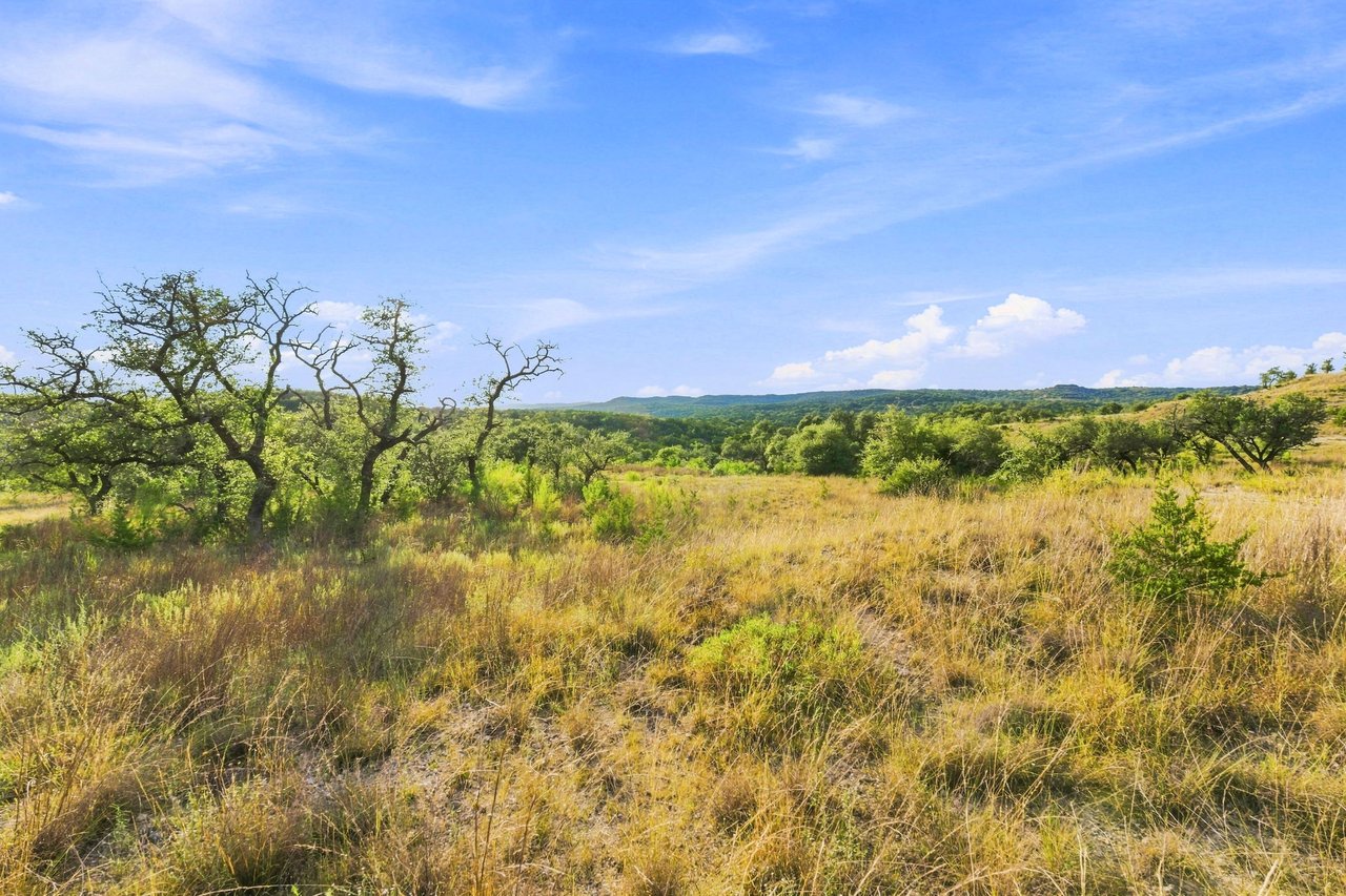 Open ranchland with golden grasses, scattered oak trees, and rolling wooded hills.