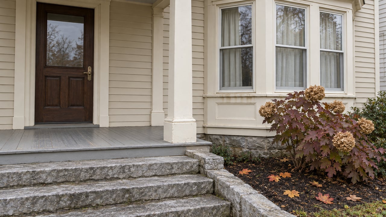 Ivory clapboard house with a covered porch, dark wood front door, bay window and limestone steps beside burgundy oakleaf hydrangea.