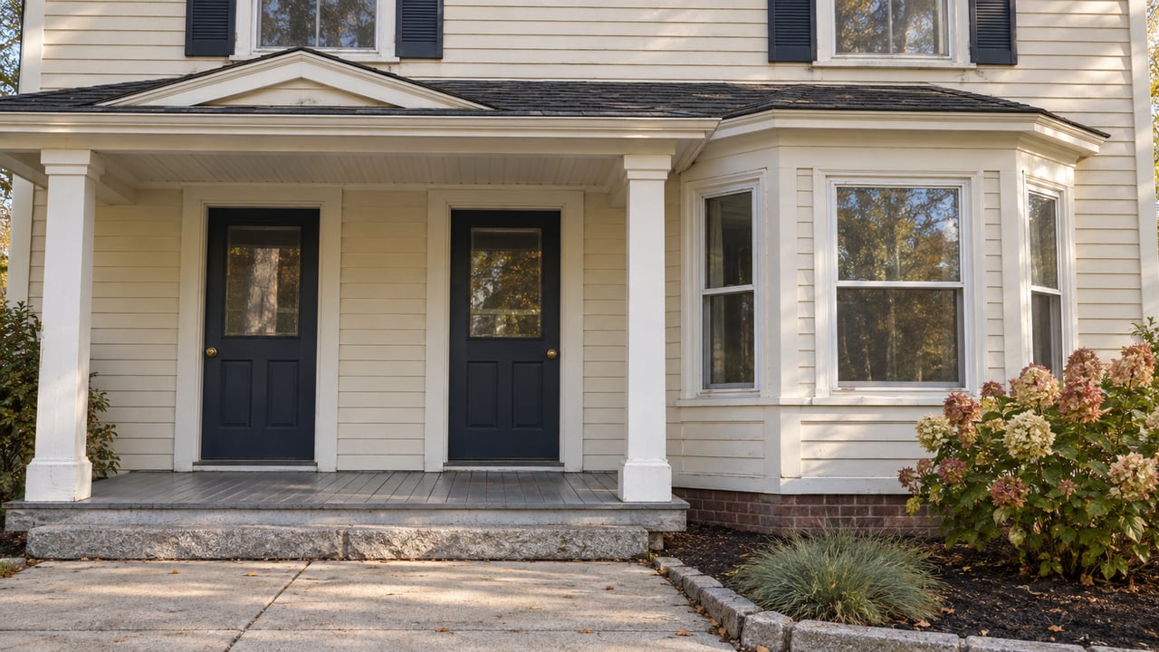 Cream clapboard two-family home with two navy entry doors, a window bay, and an autumn hydrangea beside the short approach.
