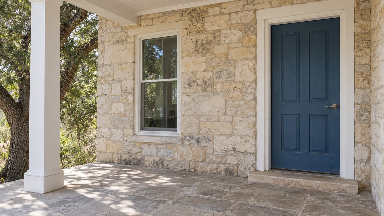 Pale limestone porch with a blue front door, white column and a mature oak at the edge of the frame.