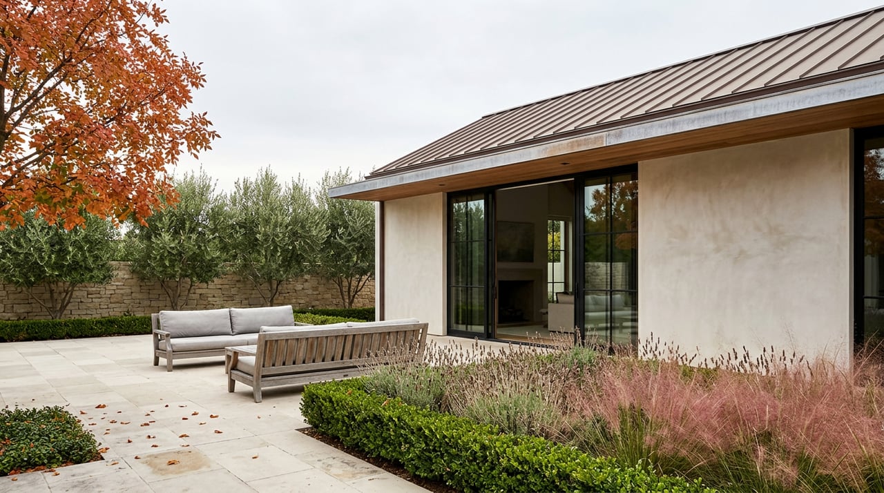 Autumn courtyard with pale stucco walls, open steel-framed doors, teak sofa, and orange-red pistache tree.