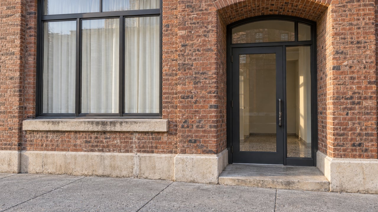 Morning light across a weathered brick loft entrance with a charcoal glazed door, limestone trim, and a tall curtained window.