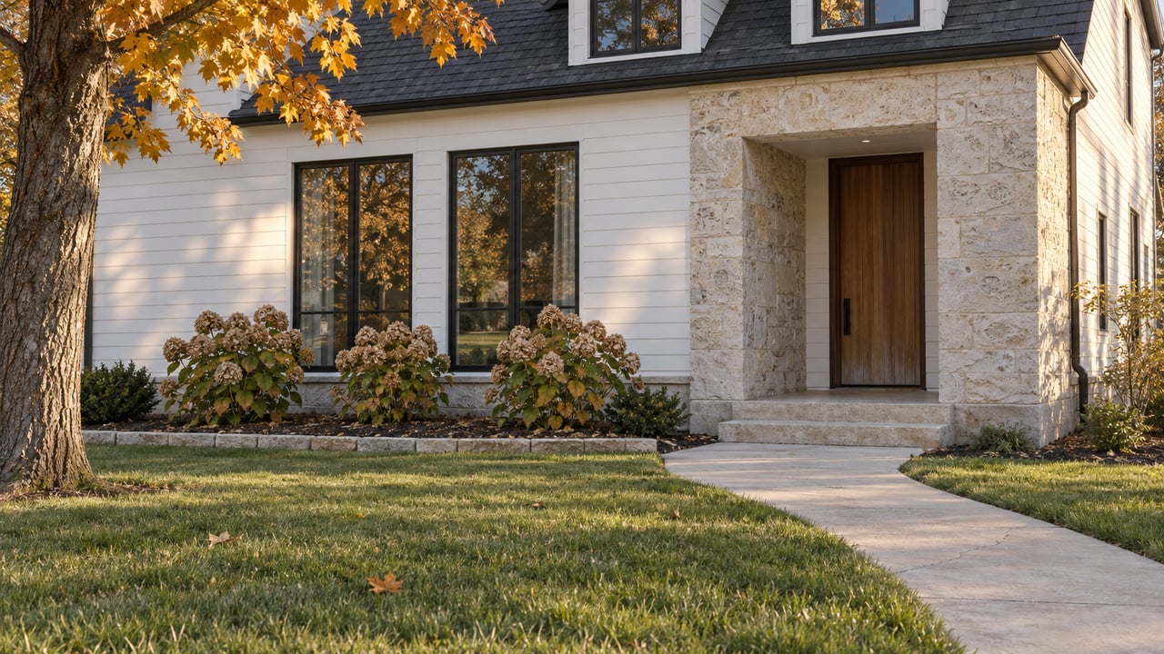 Late-afternoon light on a cedar entry door, pale limestone, white siding and a deep lawn with autumn maple foliage.