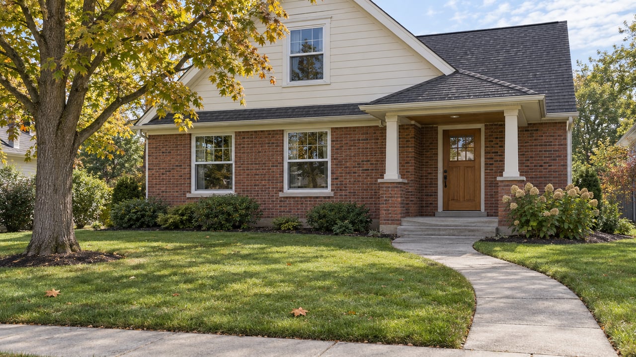 Brick-and-ivory-sided home beyond a deep green front lawn, with an amber maple tree and a curved concrete walk leading to a covered entry.