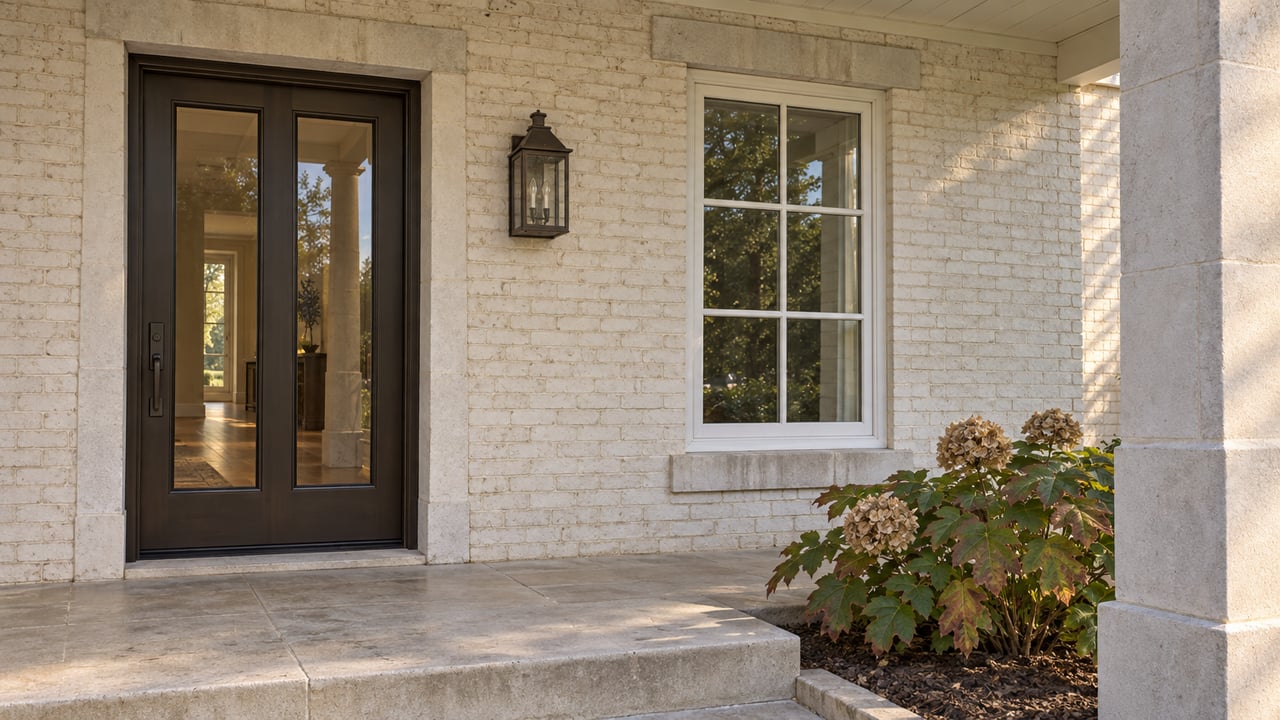 Covered brick entry with a dark glazed door, divided-pane window, limestone porch and autumn oakleaf hydrangea.