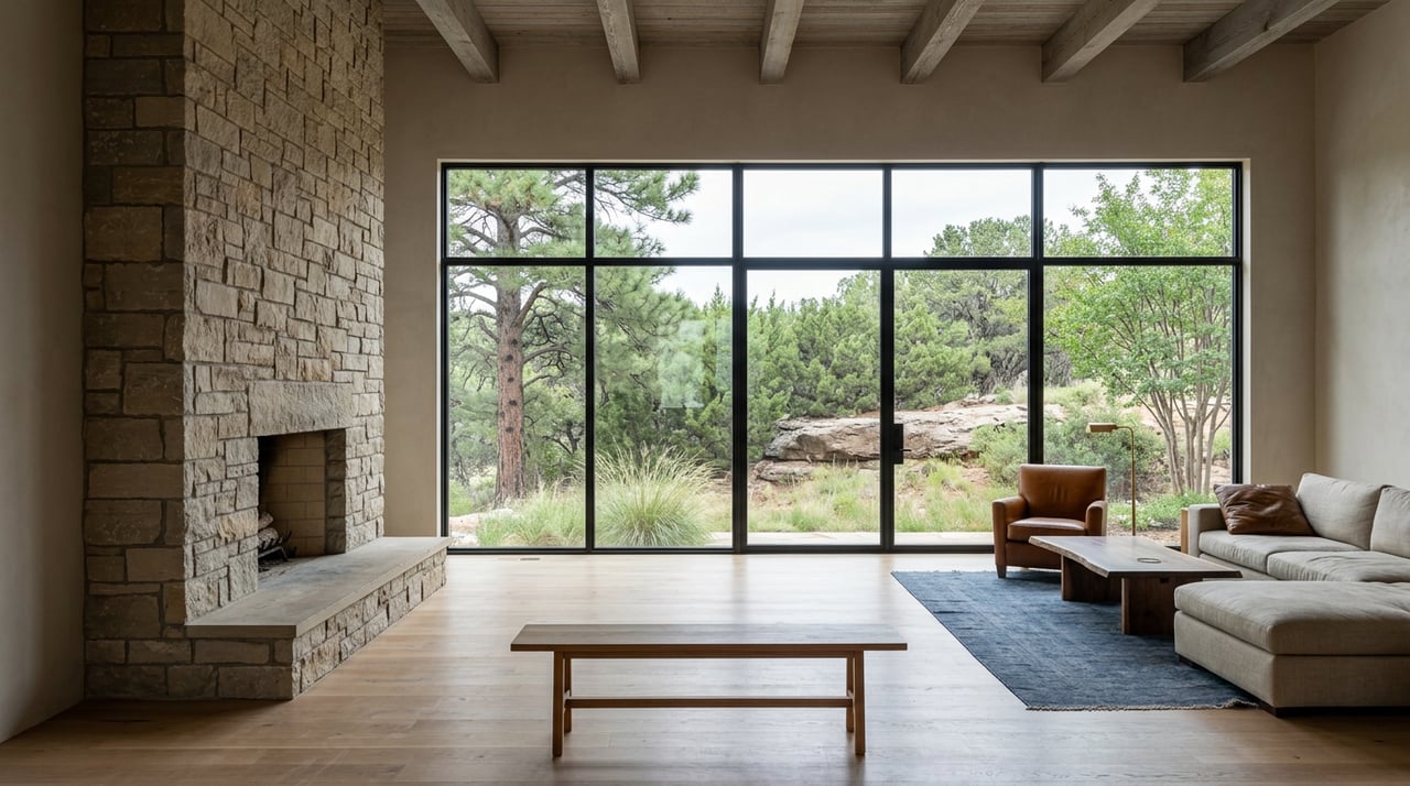 Great room with a limestone fireplace, exposed timber beams, and black-framed windows overlooking pine trees and rocky terrain.