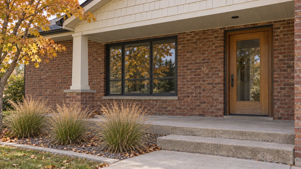 Updated russet-brick home with a covered porch, dark-framed windows, oak entry and autumn planting.