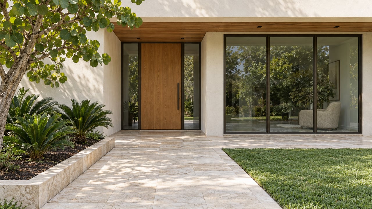 Cream stucco home with a wood-lined overhang, oak entry door, bronze-framed windows and a limestone garden approach.