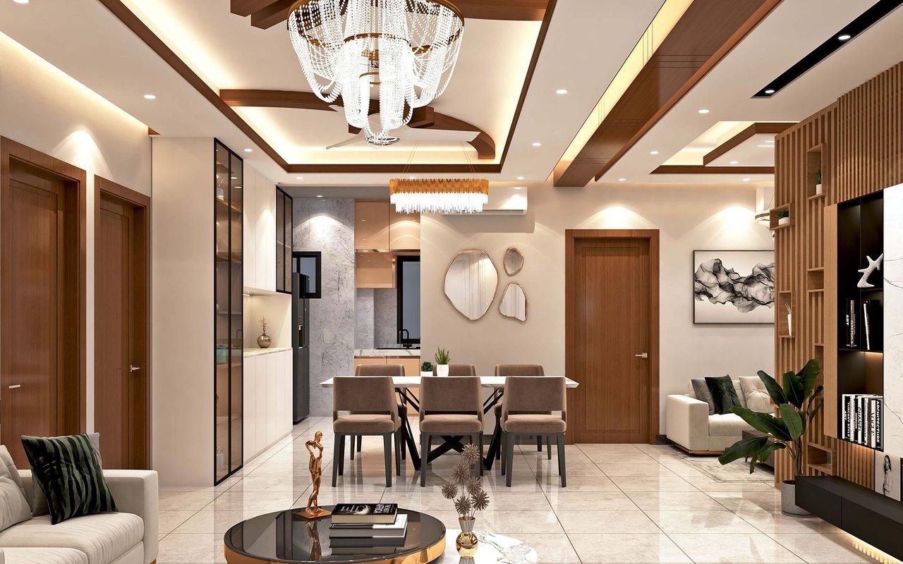 Open-plan living and dining room with a crystal chandelier and marble floors.