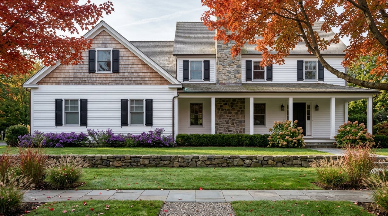 White clapboard house with a fieldstone chimney beyond a stone wall and lawn, framed by a scarlet-red maple.
