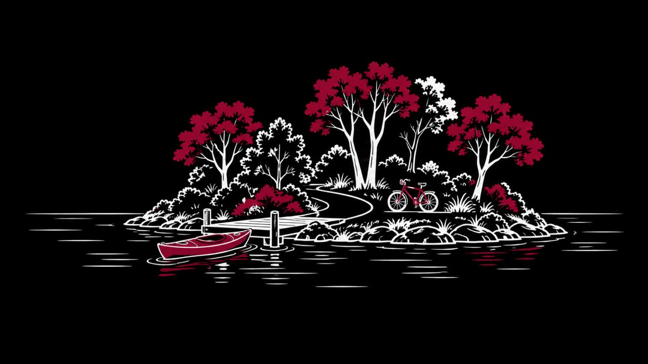 Illustration of a river island park with a kayak at a launch dock and a bicycle on a path, for what the city finished on North Island in Wilmington, Illinois in 2026 and the fall events there.
