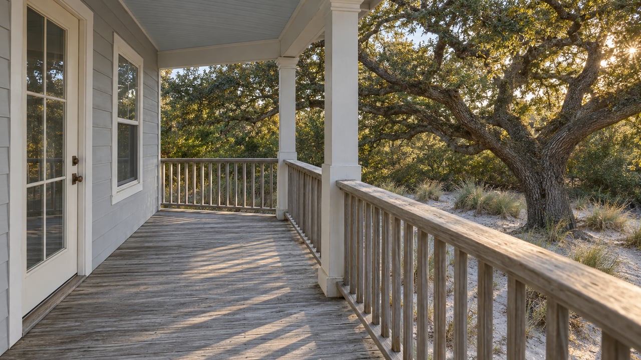 Coastal cottage porch with weathered floorboards and a guardrail facing a spreading live oak over sandy ground.