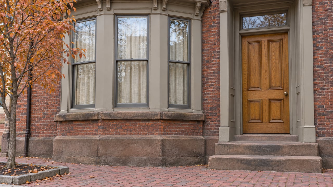 Red-brick rowhouse bay windows and an oak entrance above worn brownstone steps, beside autumn serviceberry leaves on a brick sidewalk.