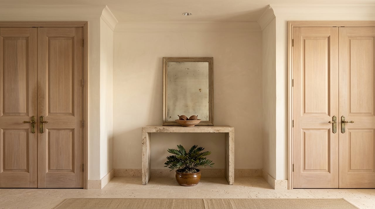 Entry vestibule with closed mahogany doors, a travertine console, foxed mirror, and potted zamia.