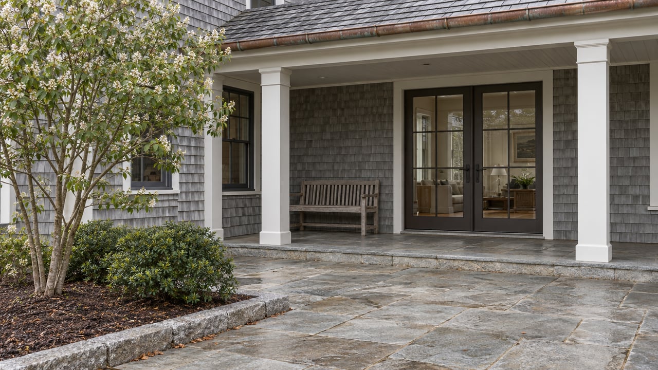 Shingle-sided house with a deep porch, glazed double doors, granite terrace, and pruned serviceberry tree.