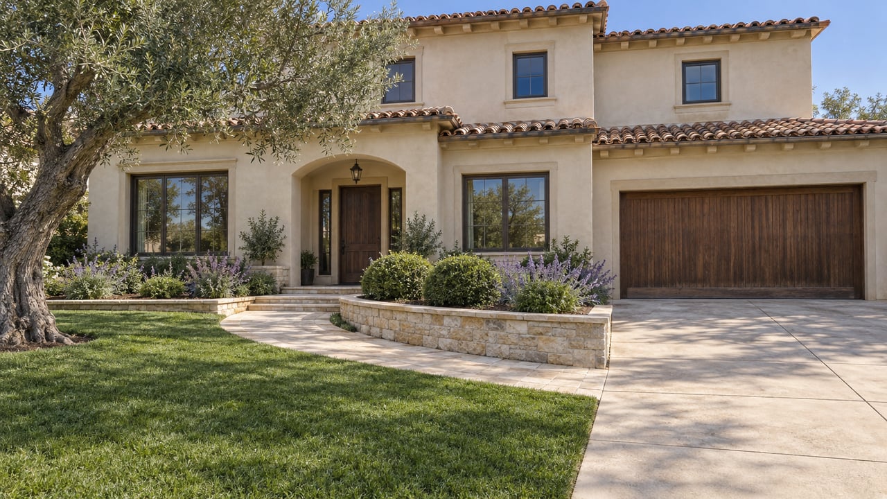 Sunlit ivory stucco home with clay-tile roof, limestone entry path, broad driveway and mature olive tree.