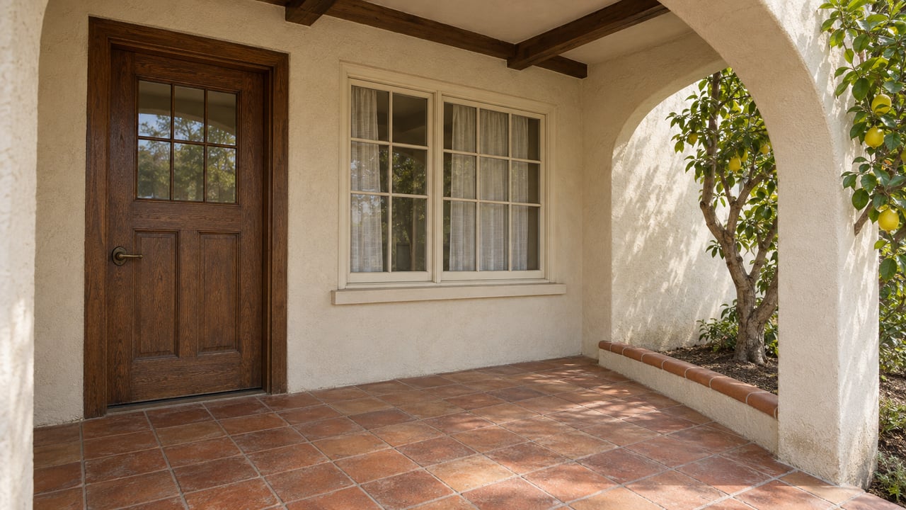 A shaded bungalow porch with an arched stucco opening, worn terracotta tile, an oak front door and a divided-light window beside a lemon tree.