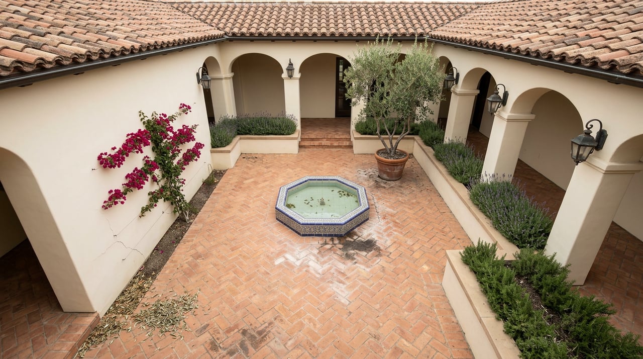 Enclosed terracotta courtyard with an octagonal blue-and-white tiled fountain, potted olive tree, and arched colonnade.
