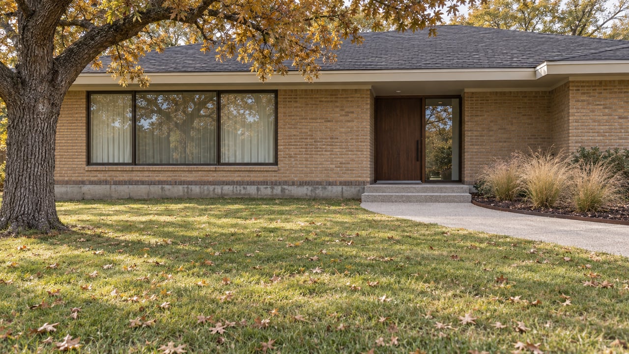 Broad buff-brick home with a low roof, bronze-framed windows and a deep autumn lawn beneath a mature oak.