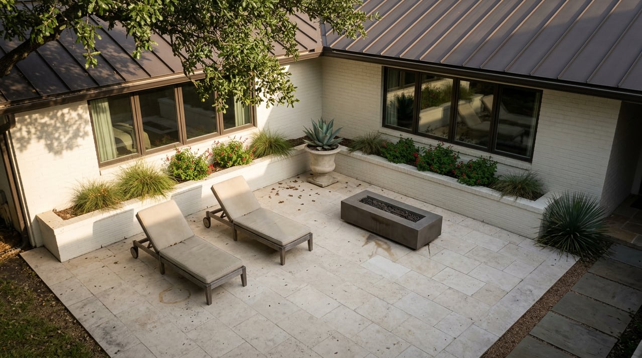 Limestone courtyard with a charcoal fire bowl, teak chairs, agave urn, and live oak shadows.