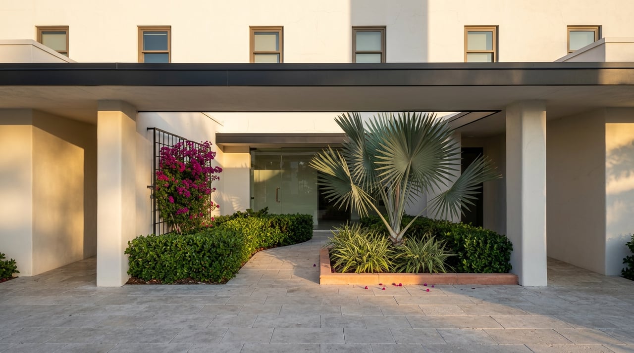 Condominium courtyard with a silver-blue fan palm, magenta bougainvillea, and long shadows across travertine paving.