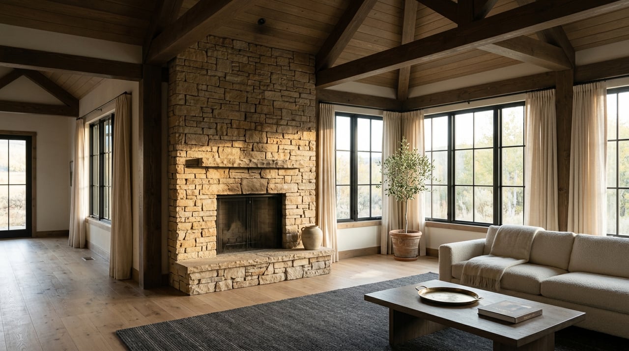 Vaulted great room with a ledgestone chimney, dark timber trusses, gridded windows, and an ivory sofa.