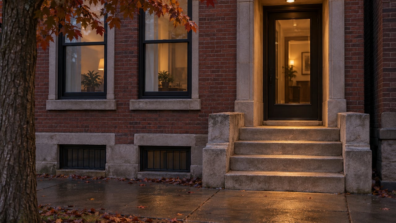 Brick townhouse entrance with limestone stoop, glowing recessed light, and russet oak leaves at dusk.