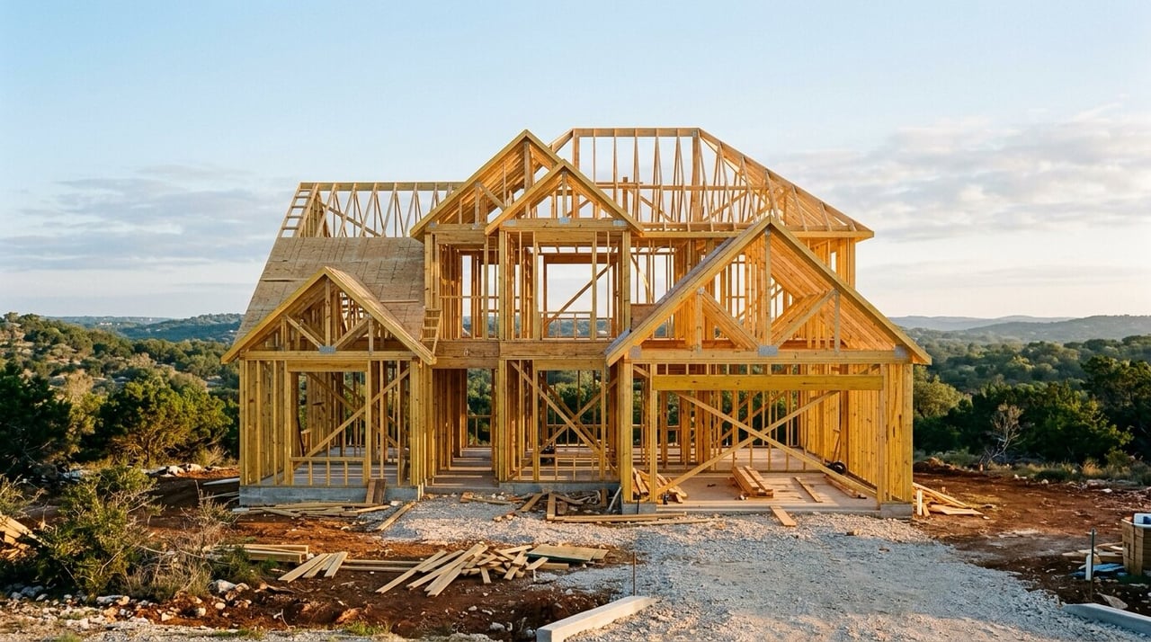 New single-family home framing and roof trusses on a Central Texas lot, buying new construction in Texas