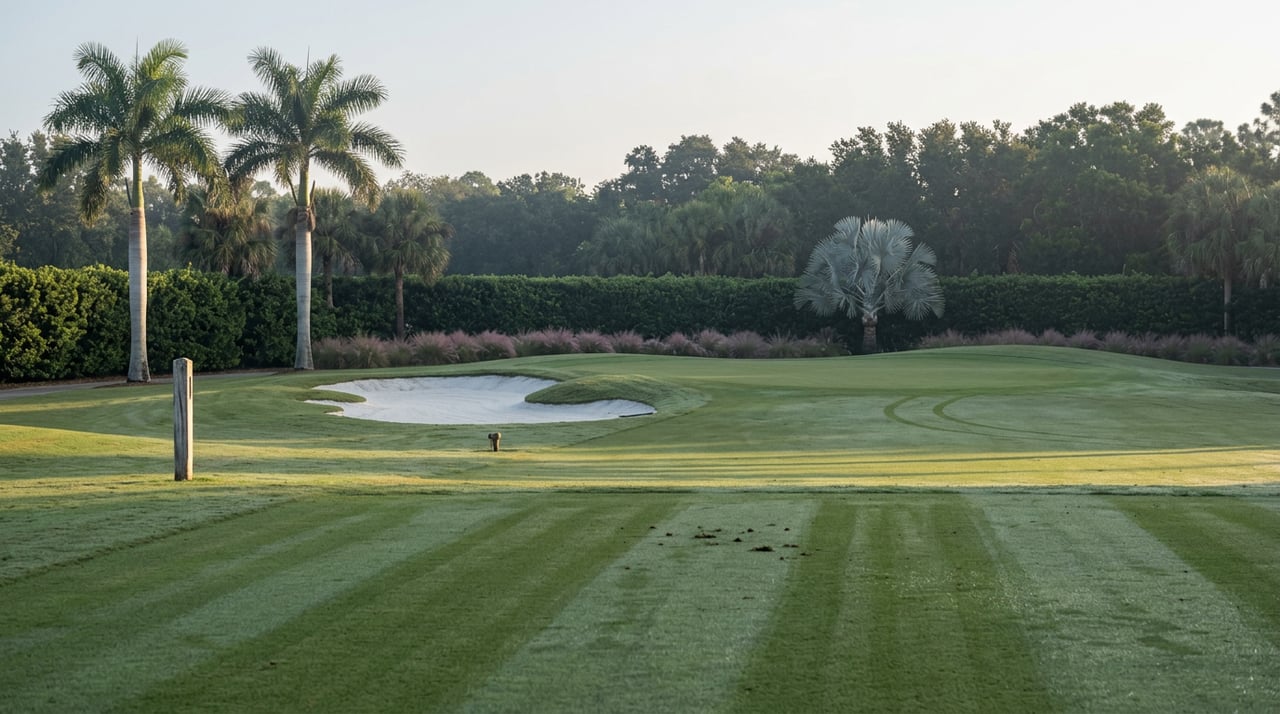 Striped golf fairway leading to a white bunker and raised green, framed by palms and a clipped hedge.