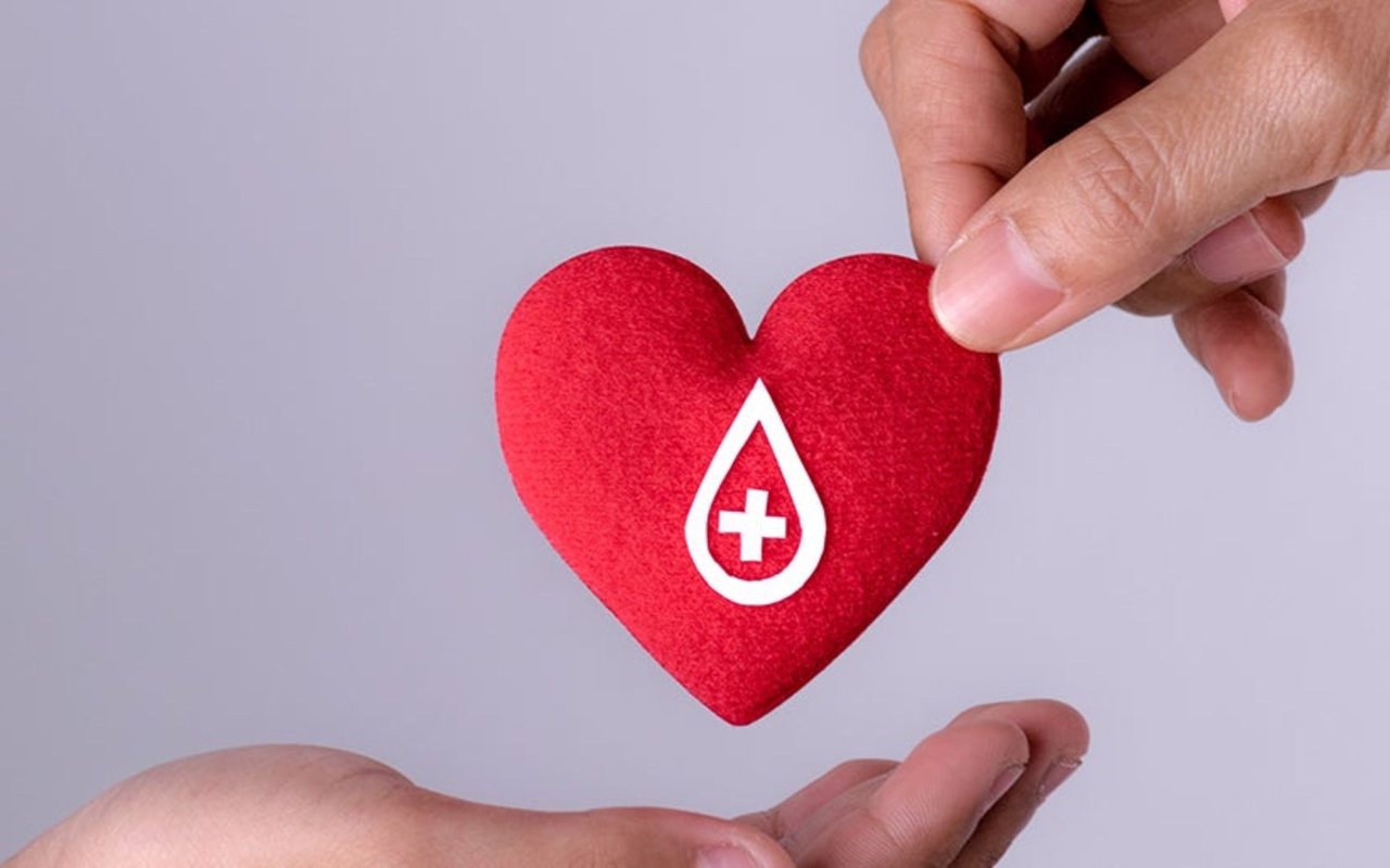 Hands hold a red heart marked with a blood-drop and medical-cross symbol.