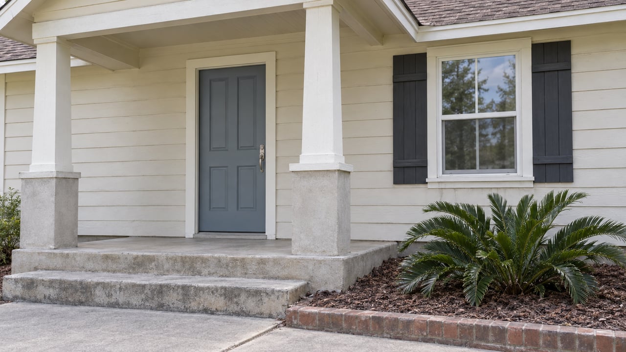 A modest bungalow entry with cream lap siding, a blue-gray door, paired porch posts, weathered concrete steps and one coontie plant in a brick-edged bed.