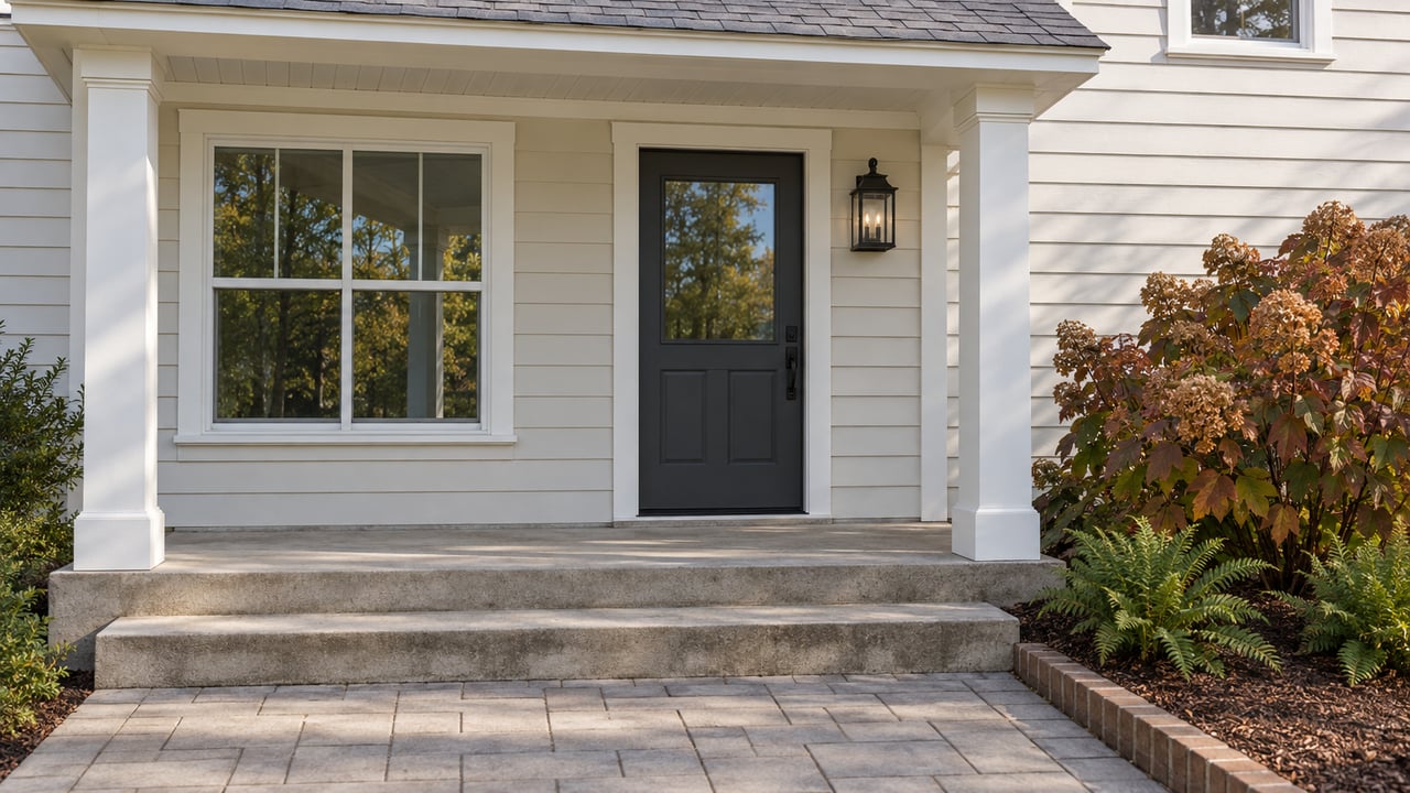 Light-sided home entry with a charcoal door, broad concrete steps and bronze autumn oakleaf hydrangea.