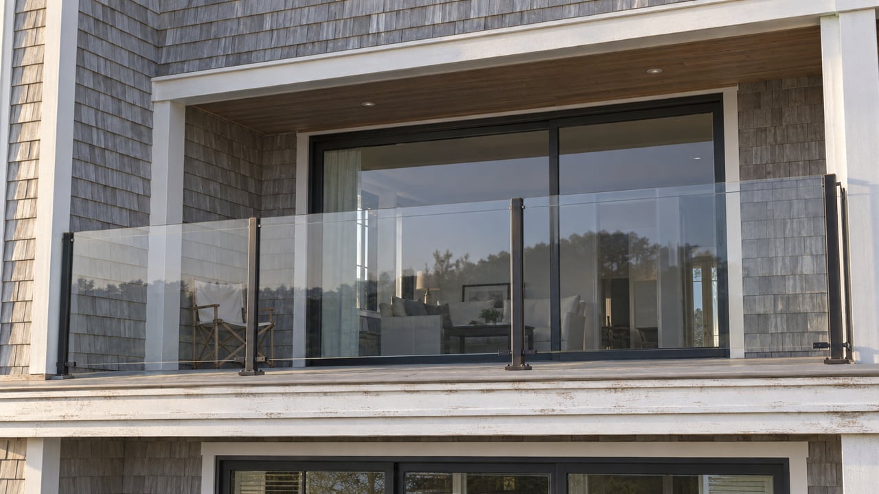 Coastal house balcony with clear glass railing, folded canvas chair, and silver-gray cedar shingles.