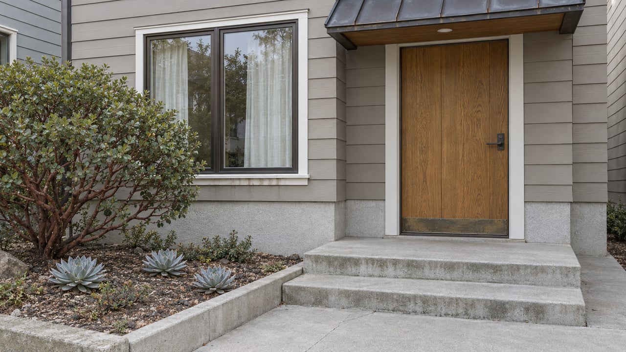 Weathered gray-sided home with an oak front door, broad window, concrete entry steps, and sculptural manzanita planting.