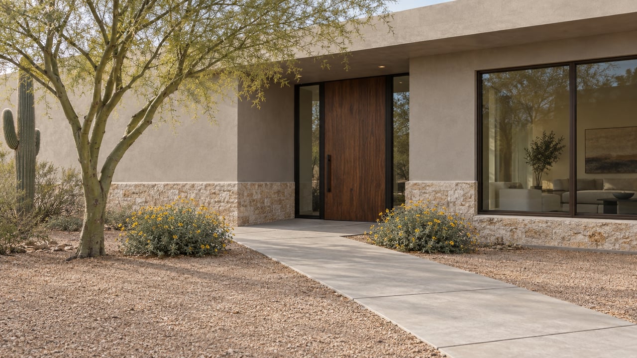 Desert home entry with walnut door, bronze-framed windows, limestone base, granite forecourt, and sparse desert plants.