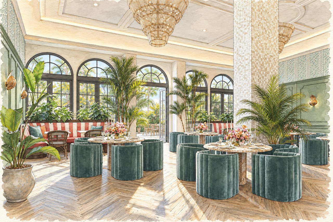Residential lounge with teal chairs, round dining tables, tropical plants, and tall arched windows.