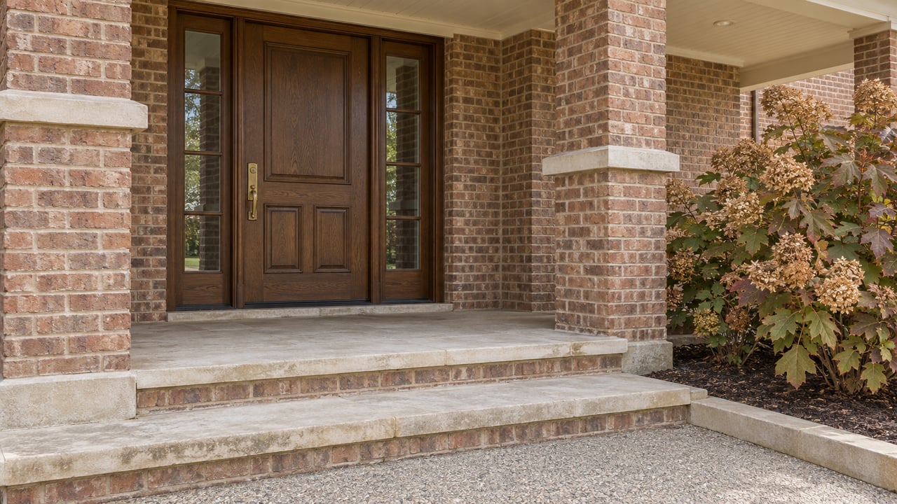 Covered brick home entrance with a dark oak door, paired sidelights, limestone steps, and russet oakleaf hydrangea.