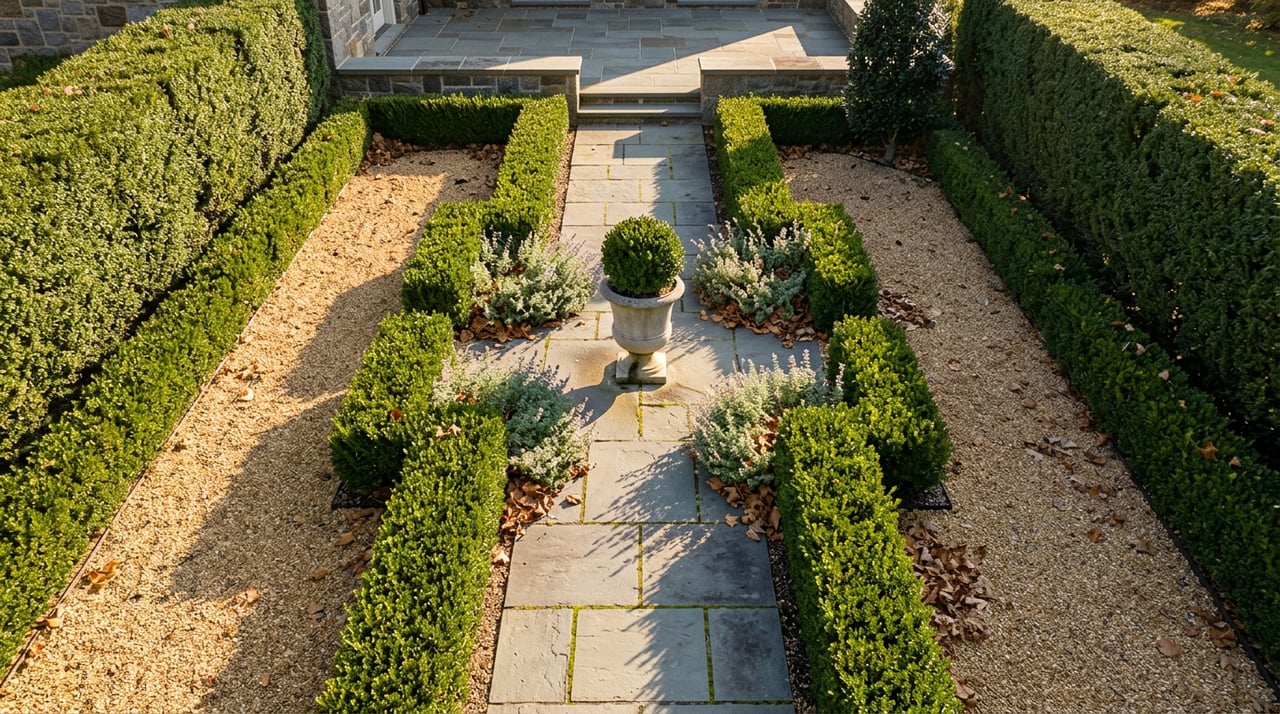 Symmetrical boxwood parterre flanks a bluestone path, with a topiary urn and long shadows.
