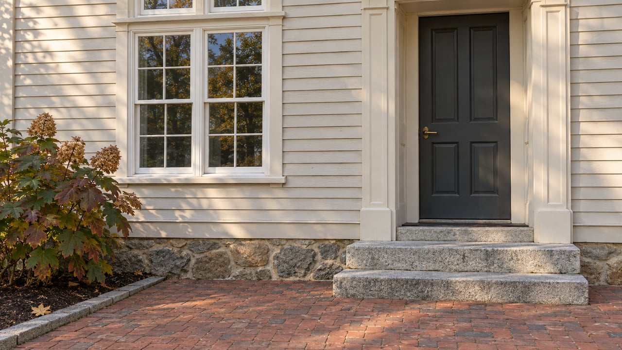 Ivory clapboard residence with divided-light windows, a charcoal entry door, worn granite steps, and a brick forecourt beside an oakleaf hydrangea.