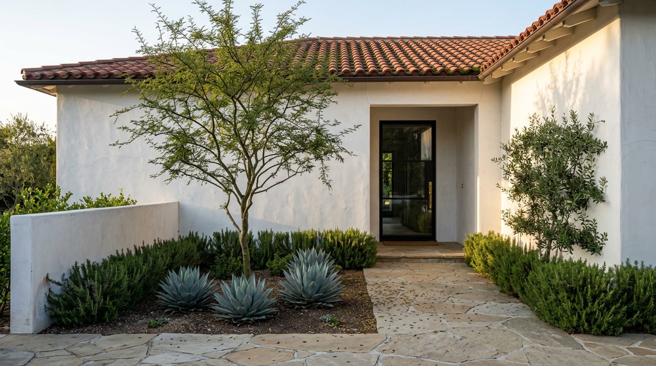 Stucco home entry with recessed black steel door, flagstone path, agaves, and mesquite tree.