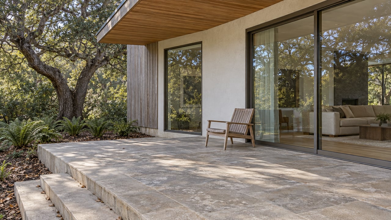 A contemporary home’s covered limestone terrace, bronze-framed glazing and cedar siding beside a mature oak and fern garden.