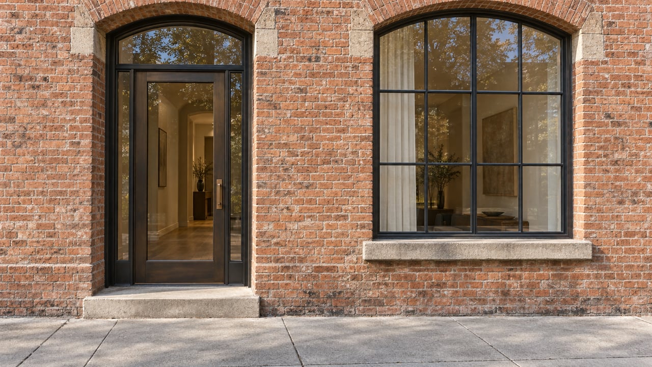 Sunlit brick residential facade with an arched bronze-framed glass entrance, tall divided-light window and worn limestone step.