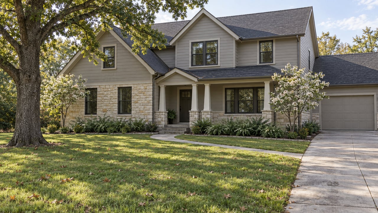Two-story gray house with limestone lower walls, a broad lawn, curving walkway, and mature tree.