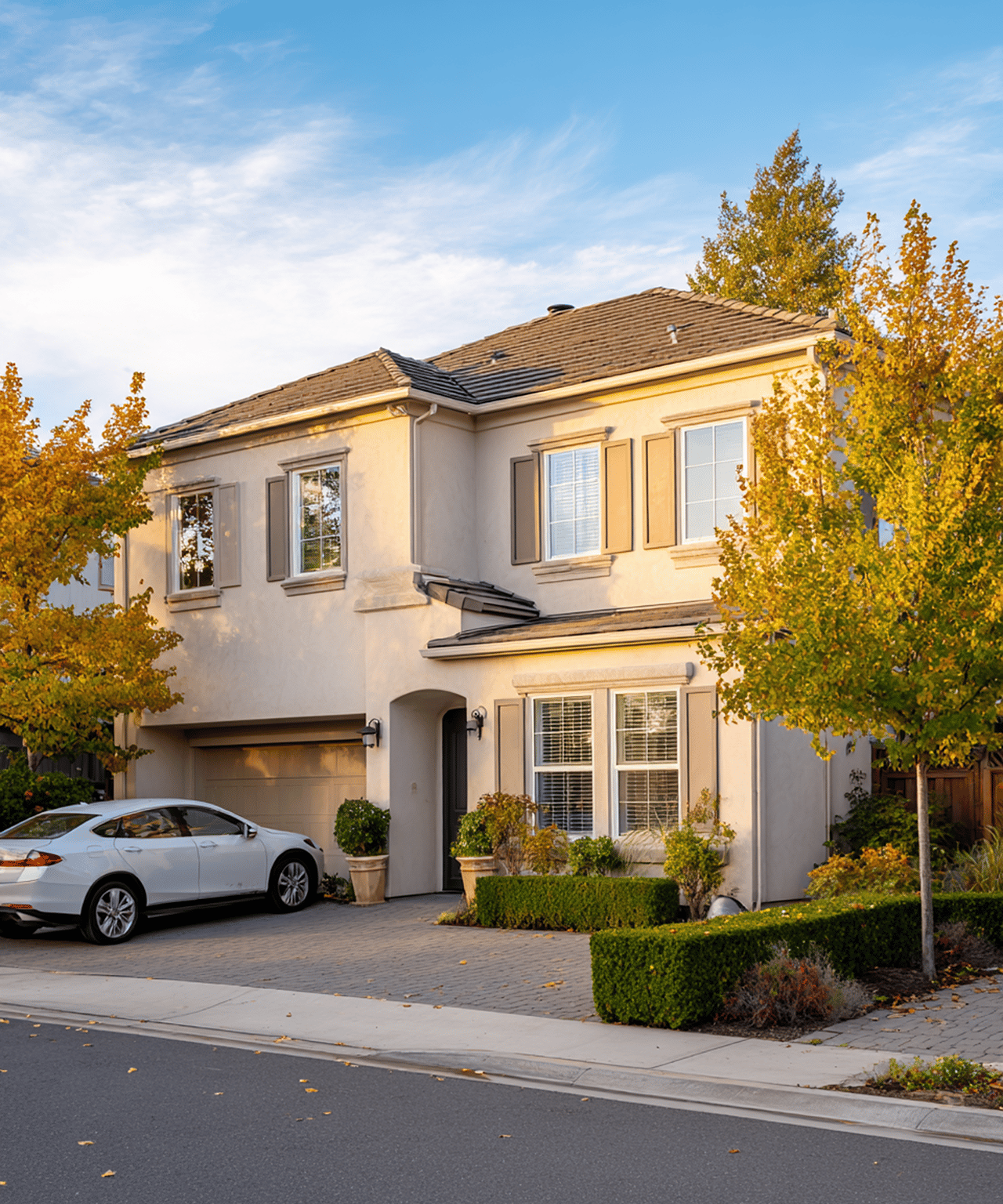Two-story beige stucco home with tiled roof, attached garage, autumn trees, and a white sedan in the driveway.