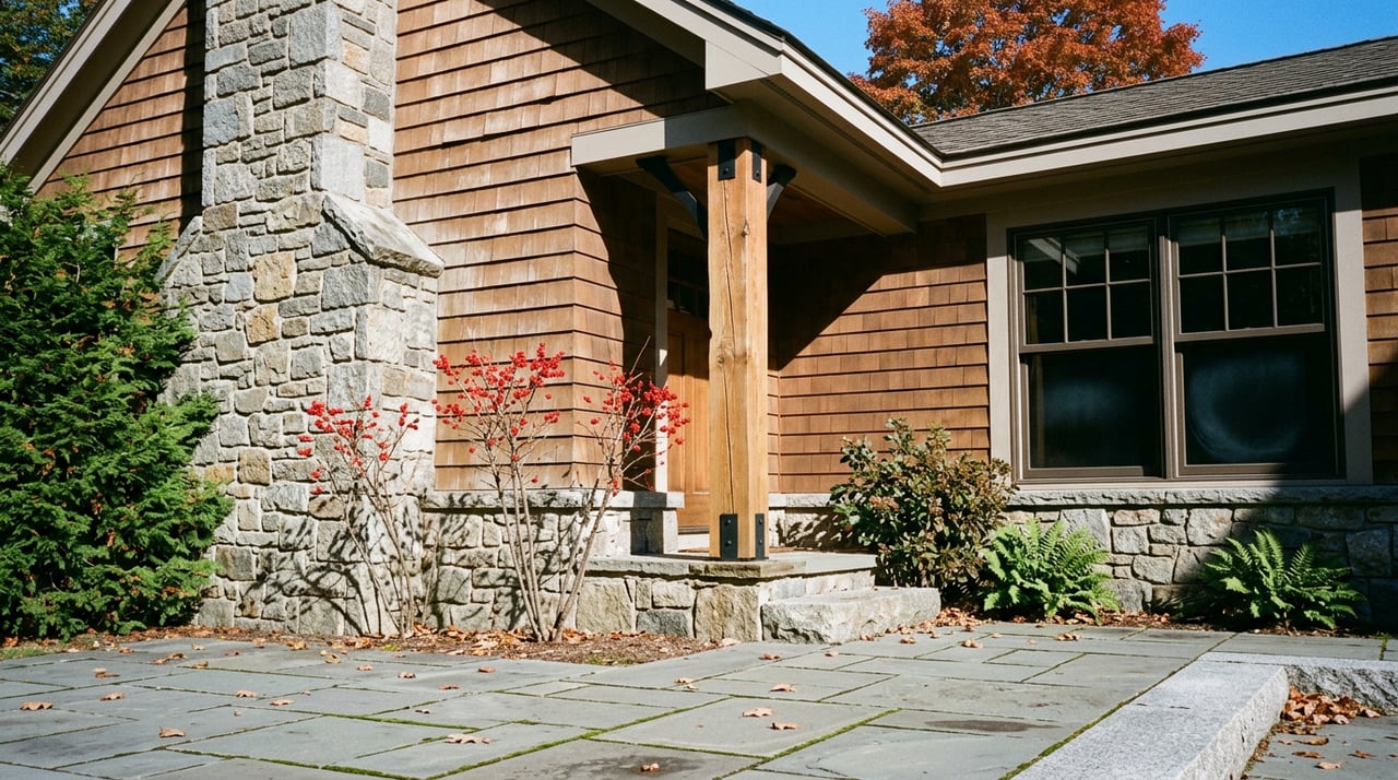 Craftsman porch corner with a fieldstone chimney, timber post, cedar shingles, and orange-red maple foliage.