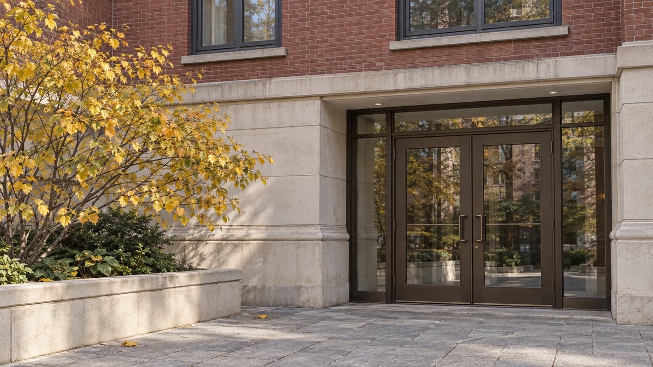 Red brick condominium entry with cream masonry, paired bronze-framed glass doors, and a yellow-leaved witch hazel in a raised planter.